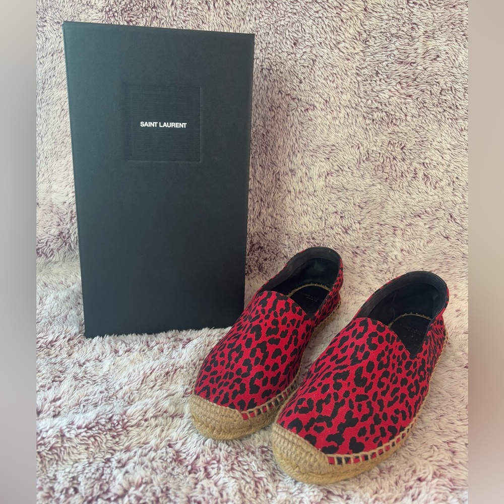 Saint Laurent Red Leopard Print Espadrilles with Embroidered Accents